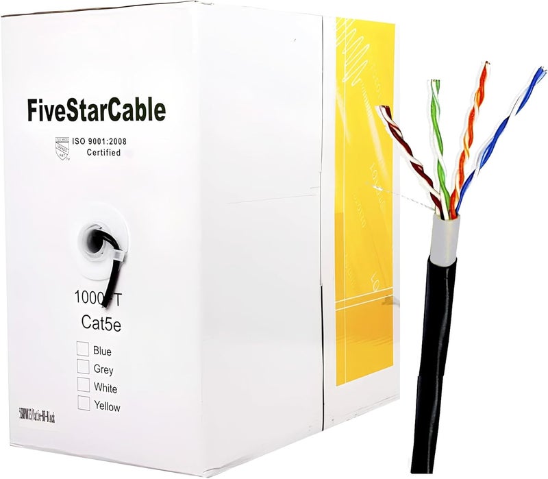 FiveStarCable Cat5e 1000 Ft. 24AWG Pull Box Direct Burial/Underground Double Jacket Waterproof Outdoor Burial UTP Ethernet Router LAN Cable - Black - Image 1
